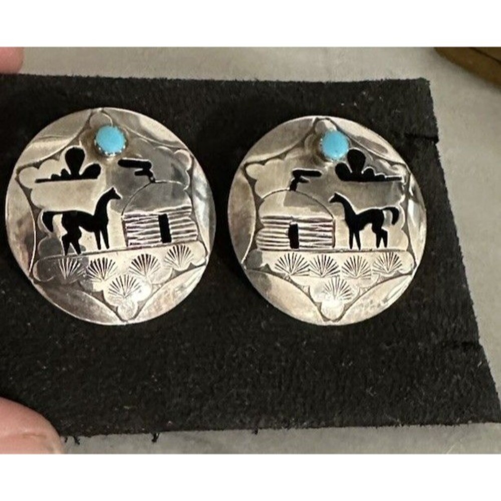 Vintage Turquoise Hogan Inc AZ Zuni Sterling Silver Feather Earrings